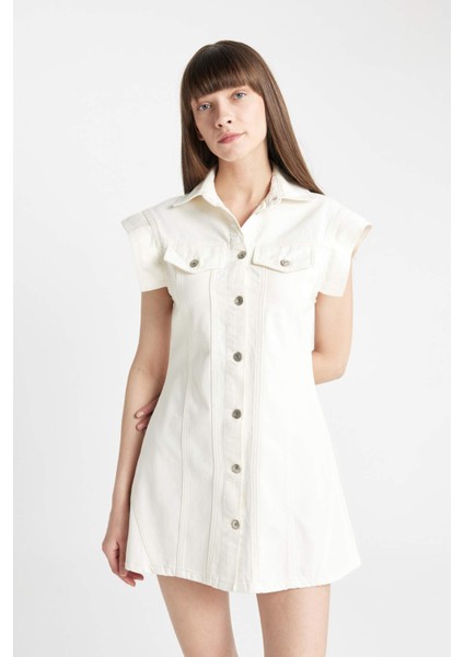 Fashion Fit Kolsuz Beyaz Mini Jean Elbise D3900AX24HS