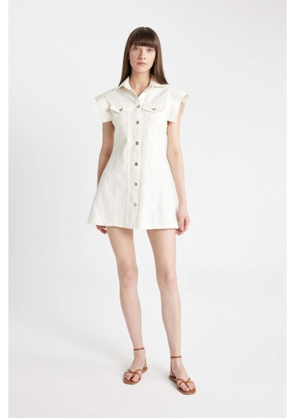 Fashion Fit Kolsuz Beyaz Mini Jean Elbise D3900AX24HS