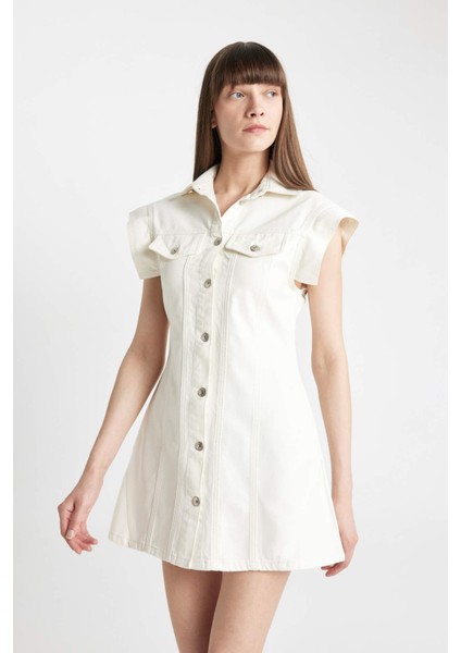 Fashion Fit Kolsuz Beyaz Mini Jean Elbise D3900AX24HS