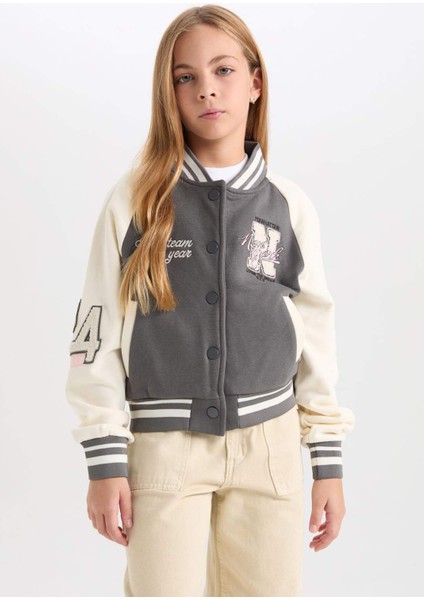Kız Çocuk Nakışlı Kolej Yaka Çıtçıtlı İçi Yumuşak Tüylü Bomber Ceket D3108A824WN