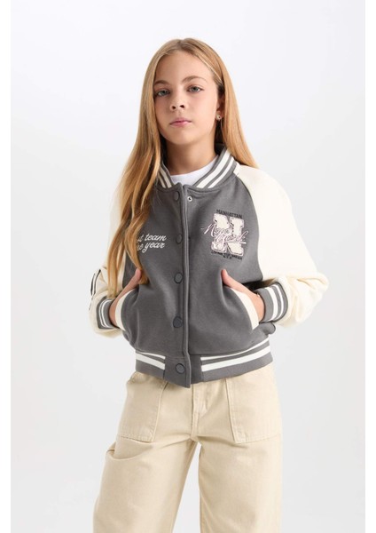 Kız Çocuk Nakışlı Kolej Yaka Çıtçıtlı İçi Yumuşak Tüylü Bomber Ceket D3108A824WN