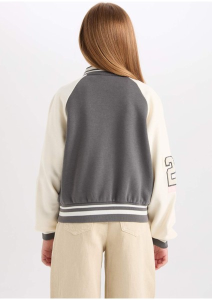 Kız Çocuk Nakışlı Kolej Yaka Çıtçıtlı İçi Yumuşak Tüylü Bomber Ceket D3108A824WN