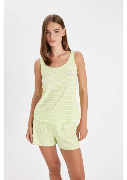 Pijama Takım Çizgili Ribana Askılı Üst Beli Lastikli Şort-Fall in Love D3184AX24HS