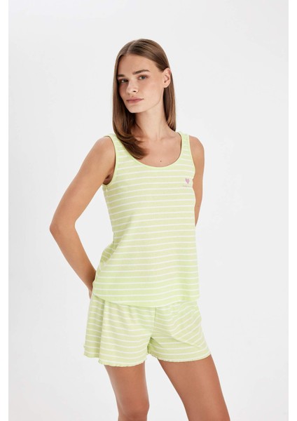 Pijama Takım Çizgili Ribana Askılı Üst Beli Lastikli Şort-Fall in Love D3184AX24HS