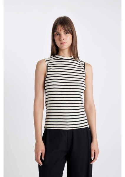 Bisiklet Yaka Fitilli Kaşkorse Çizgili Kolsuz Tişört D4040AXNS