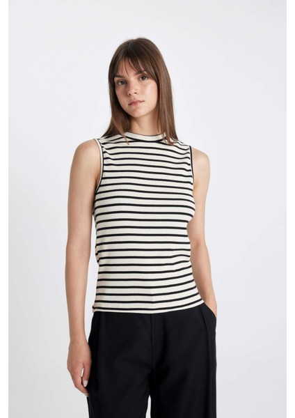 Bisiklet Yaka Fitilli Kaşkorse Çizgili Kolsuz Tişört D4040AXNS