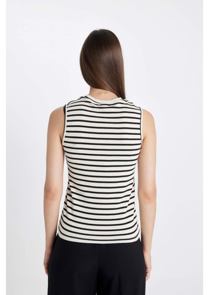 Bisiklet Yaka Fitilli Kaşkorse Çizgili Kolsuz Tişört D4040AXNS