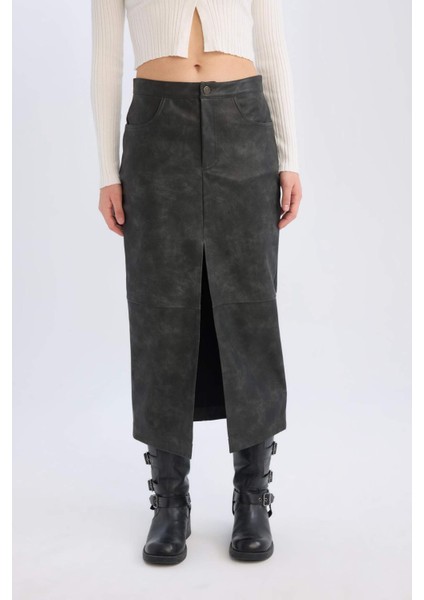 Kalem Yıkamalı Yüksek Bel Suni Deri Midi Etek D3014AX24WN