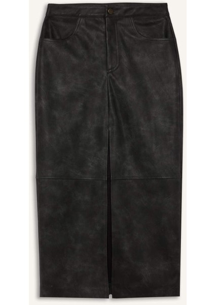 Kalem Yıkamalı Yüksek Bel Suni Deri Midi Etek D3014AX24WN