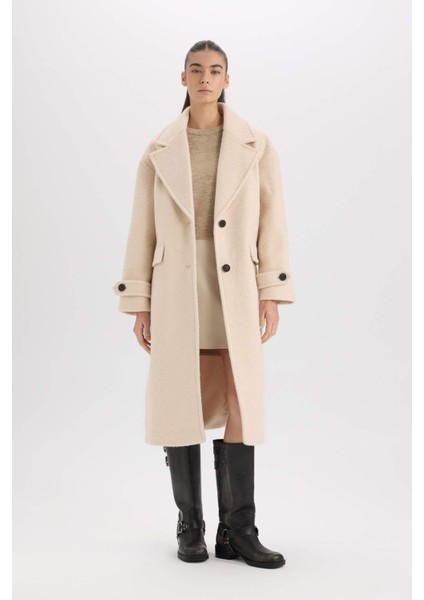 Regular Fit Uzun Kaşe Kaban Apoletli Ceket Yaka Cepli Düğmeli D4016AX24WN