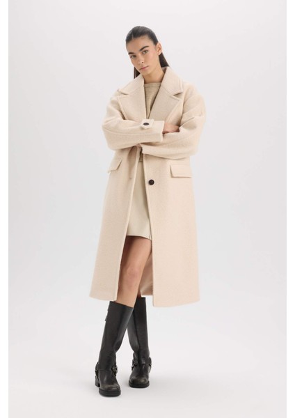 Regular Fit Uzun Kaşe Kaban Apoletli Ceket Yaka Cepli Düğmeli D4016AX24WN