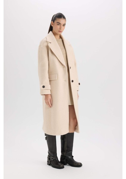 Regular Fit Uzun Kaşe Kaban Apoletli Ceket Yaka Cepli Düğmeli D4016AX24WN