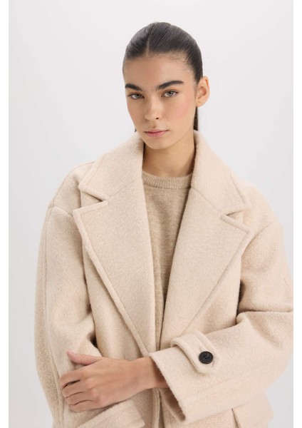 Regular Fit Uzun Kaşe Kaban Apoletli Ceket Yaka Cepli Düğmeli D4016AX24WN