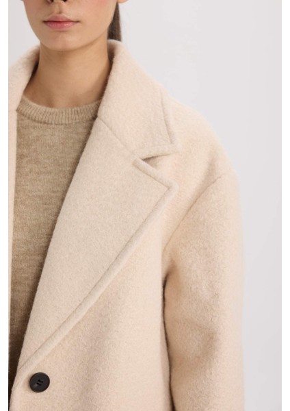 Regular Fit Uzun Kaşe Kaban Apoletli Ceket Yaka Cepli Düğmeli D4016AX24WN