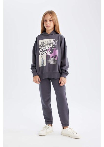 Kız Çocuk 2'li Takım Kapüşonlu Baskılı Sweatshirt Beli Lastikli Jogger Eşofman Altı D4057A824WN