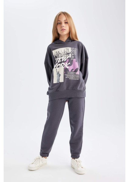 Kız Çocuk 2'li Takım Kapüşonlu Baskılı Sweatshirt Beli Lastikli Jogger Eşofman Altı D4057A824WN