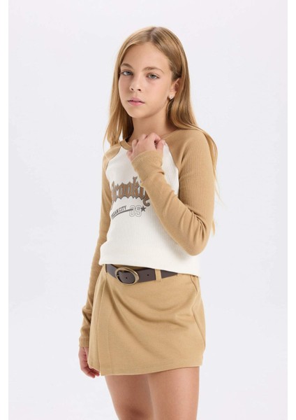 Kız Çocuk Crop Bisiklet Yaka Baskılı Fitilli Kaşkorse Uzun Kollu Tişört D3864A824AU