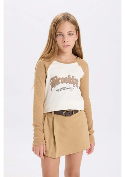 Kız Çocuk Crop Bisiklet Yaka Baskılı Fitilli Kaşkorse Uzun Kollu Tişört D3864A824AU