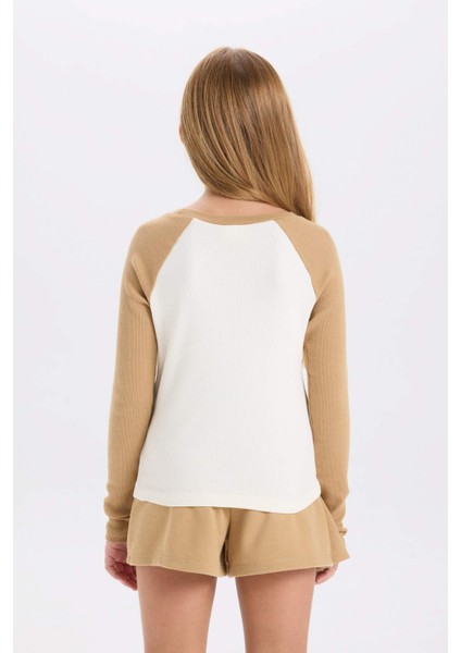 Kız Çocuk Crop Bisiklet Yaka Baskılı Fitilli Kaşkorse Uzun Kollu Tişört D3864A824AU