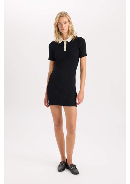 A Kesim Polo Yaka Basic Düz Ribana Görünümlü Viskon Kısa Kollu Mini Elbise