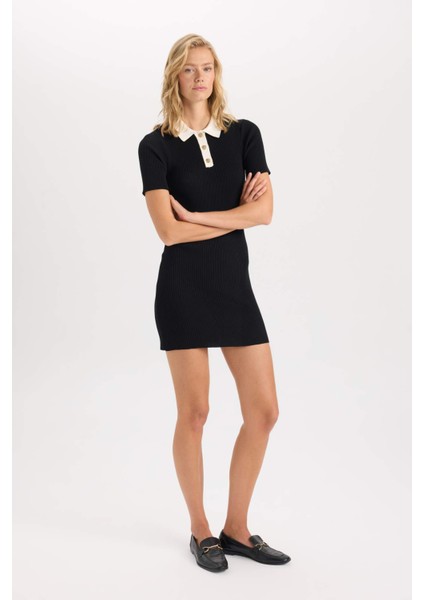 A Kesim Polo Yaka Basic Düz Ribana Görünümlü Viskon Kısa Kollu Mini Elbise