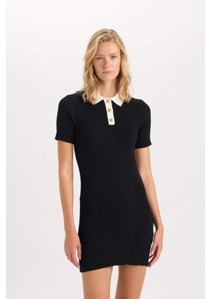 A Kesim Polo Yaka Basic Düz Ribana Görünümlü Viskon Kısa Kollu Mini Elbise