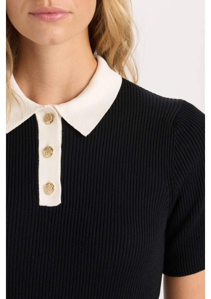 A Kesim Polo Yaka Basic Düz Ribana Görünümlü Viskon Kısa Kollu Mini Elbise