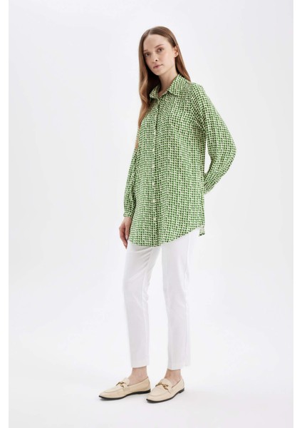 Regular Fit Gömlek Yaka Desenli Viskon Uzun Kollu Gömlek Tunik D4070AX24AU