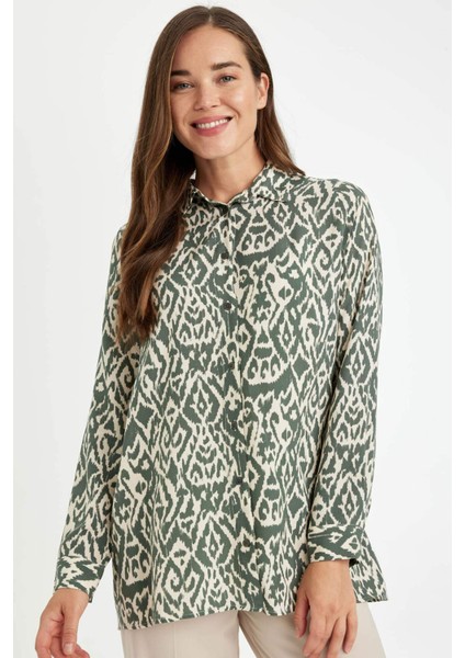Loose Fit Gömlek Yaka Desenli Uzun Kollu Gömlek Tunik