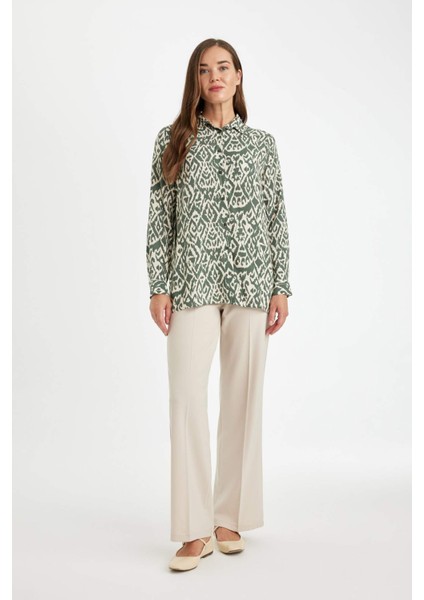 Loose Fit Gömlek Yaka Desenli Uzun Kollu Gömlek Tunik