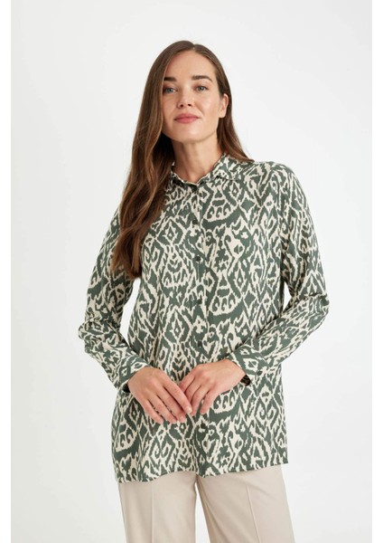 Loose Fit Gömlek Yaka Desenli Uzun Kollu Gömlek Tunik