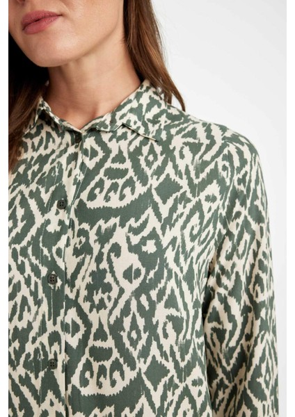 Loose Fit Gömlek Yaka Desenli Uzun Kollu Gömlek Tunik