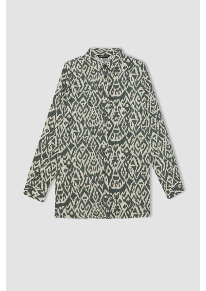 Loose Fit Gömlek Yaka Desenli Uzun Kollu Gömlek Tunik