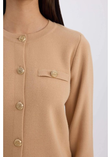 Regular Fit Bisiklet Yaka Basic Düz Altın Metal Düğmeli Triko Hırka C1500AX24WN