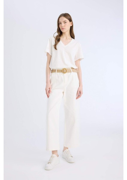 Gabardin Kumaş Pantolon Paperbag Cepli Yüksek Bel Duble Paça Basic Düz Kemerli D3781AX24AU