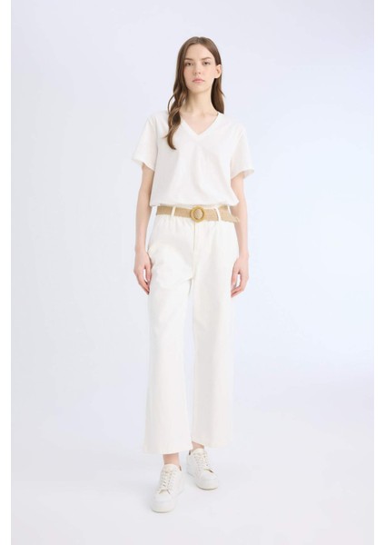 Gabardin Kumaş Pantolon Paperbag Cepli Yüksek Bel Duble Paça Basic Düz Kemerli D3781AX24AU