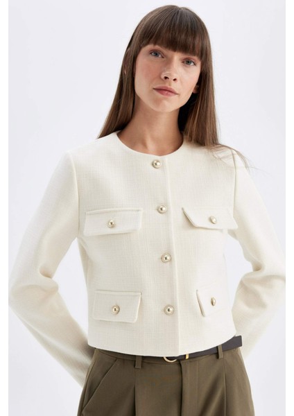 Crop Bisiklet Yaka Düğmeli Blazer Ceket D3161AX24AU