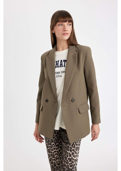 Oversize Geniş Kalıp Ceket Yaka Düğmeli Basic Düz Blazer Ceket C2457AX24AU
