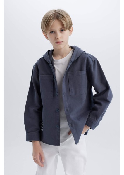 Erkek Çocuk Oversize Geniş Kalıp Kapüşonlu Gabardin Uzun Kollu Gömlek D3194A825SP