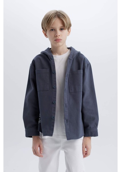Erkek Çocuk Oversize Geniş Kalıp Kapüşonlu Gabardin Uzun Kollu Gömlek D3194A825SP