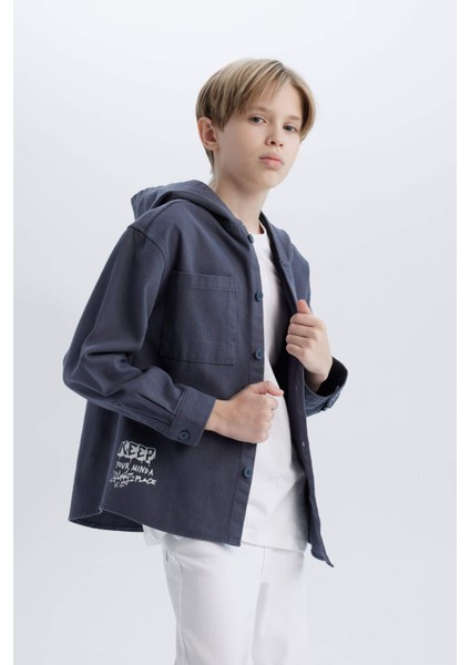 Erkek Çocuk Oversize Geniş Kalıp Kapüşonlu Gabardin Uzun Kollu Gömlek D3194A825SP