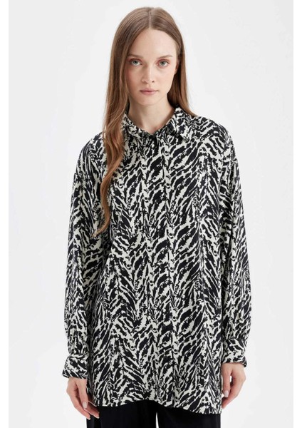 Relax Fit Gömlek Yaka Desenli Uzun Kollu Gömlek Tunik D4151AX24AU