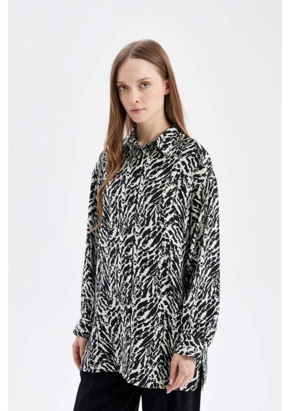 Relax Fit Gömlek Yaka Desenli Uzun Kollu Gömlek Tunik D4151AX24AU