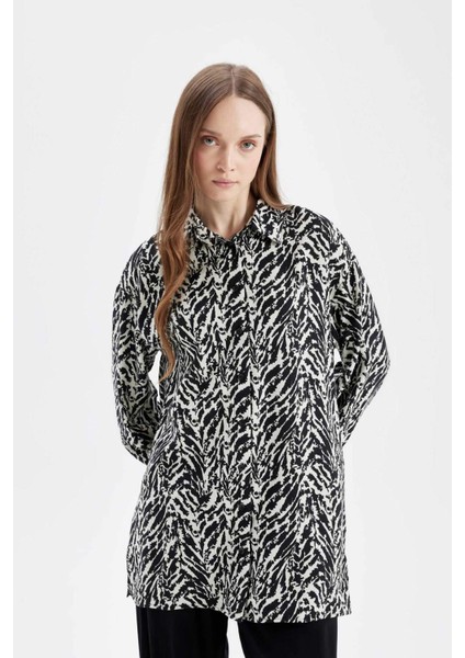 Relax Fit Gömlek Yaka Desenli Uzun Kollu Gömlek Tunik D4151AX24AU