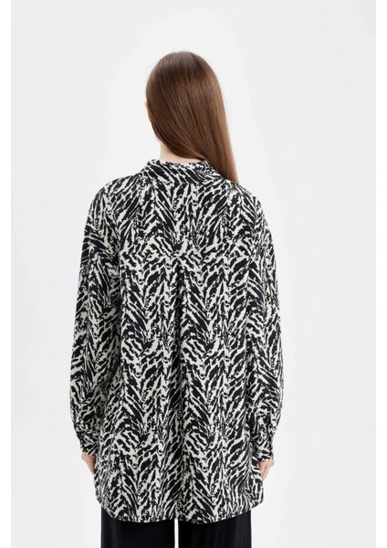 Relax Fit Gömlek Yaka Desenli Uzun Kollu Gömlek Tunik D4151AX24AU