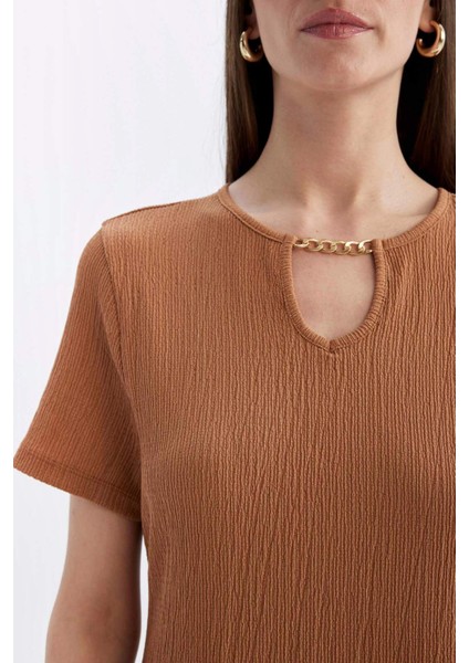 Regular Fit Bisiklet Yaka Bürümcük Kısa Kollu Midi Elbise D3834AX24SM