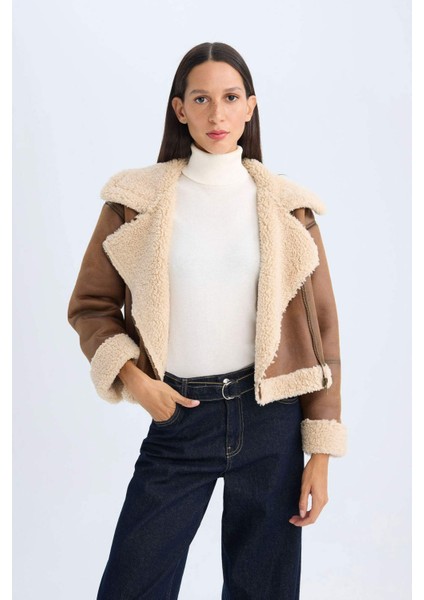 Kruvaze Yaka Fermuarlı Cepli Mevsimlik Pelüş Astarlı Ceket Mont D3993AX24WN