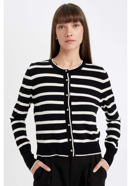 Regular Fit Çizgili Bisiklet Yaka Düğmeli Triko Hırka