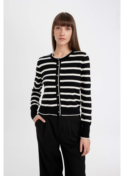 Regular Fit Çizgili Bisiklet Yaka Düğmeli Triko Hırka