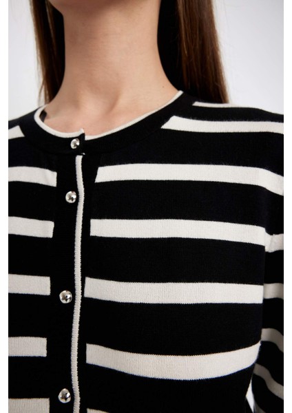 Regular Fit Çizgili Bisiklet Yaka Düğmeli Triko Hırka